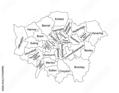 Greater London map line contour vector silhouette illustration isolated on white background. London map of main town in United Kingdom, England country. London map shape shadow, UK.