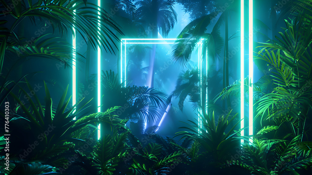 A neon green jungle with a green lighted tree in the middle A neon green jungle with a green lighted tree in the middle