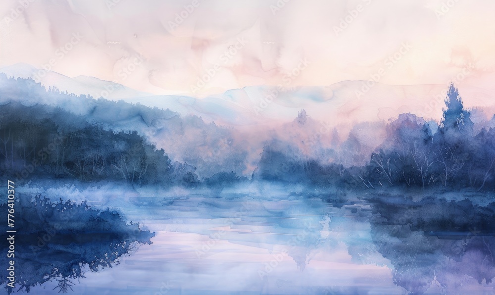 Fototapeta premium A watercolor illustration of a misty valley at dawn