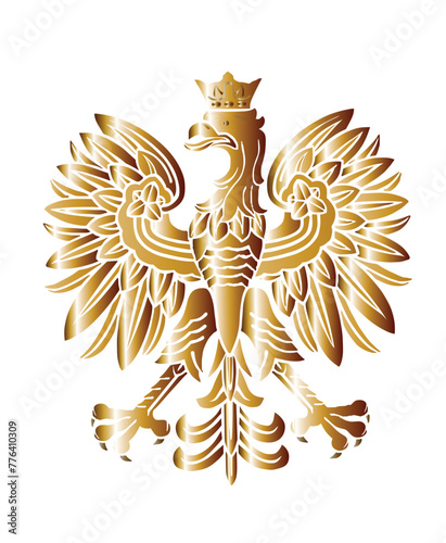 Gold Poland coat of arms, seal national emblem, isolated on white background. Vector illustration Coat of arms of Poland. Polish flag. Spread wings eagle silhouette shape shadow Poland national symbol