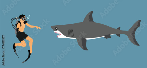 Diver man outside diving cage observing great white shark vector illustration isolated. Swimming boy biology research. Explorer against shark. Scary scene marine wildlife. Help ocean beach swimmers.