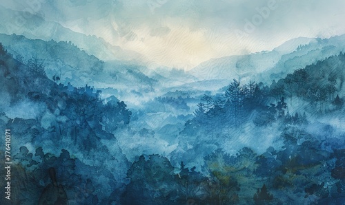 A watercolor illustration of a misty valley at dawn © TheoTheWizard