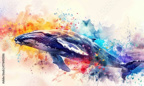 A watercolor illustration of a breaching whale surrounded by splashes of vibrant color photo
