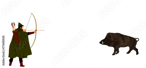 Hunter archer hunting wild boar vector illustration isolated on white background. Powerful warthog trophy. Medieval soldier with bow arrow in forest hunt animal. Robin Hood need food. Outdoor hobby.