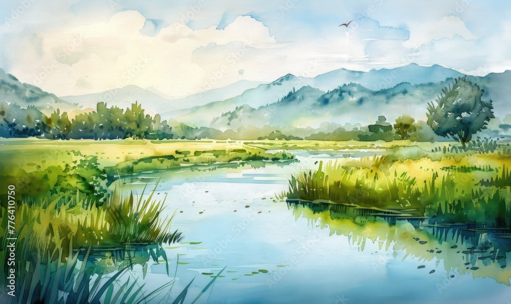 A watercolor illustration of valley with calm river flowing through verdant fields