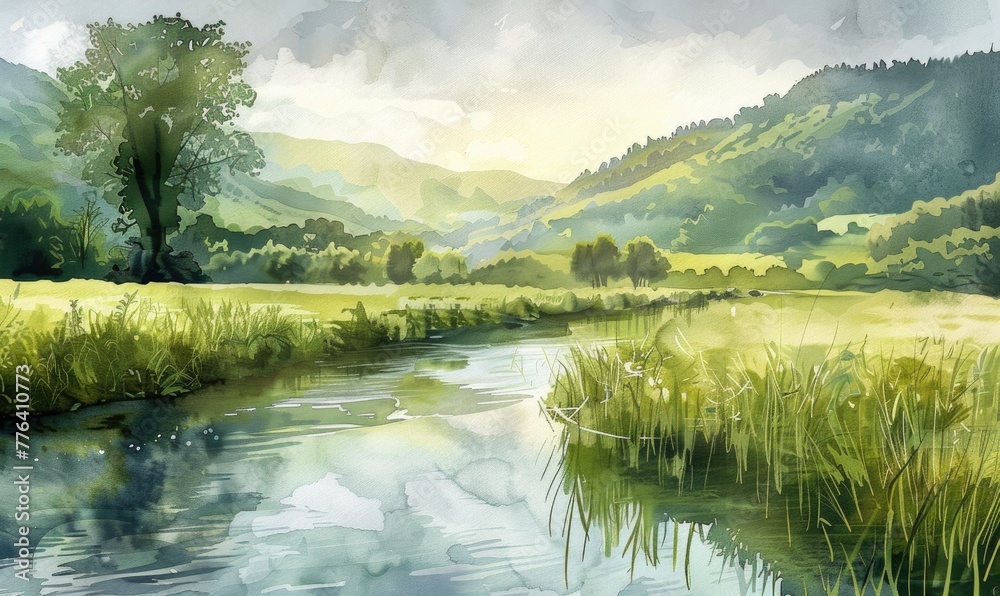 A watercolor illustration of valley with calm river flowing through verdant fields A watercolor illustration of valley with calm river flowing through verdant fields