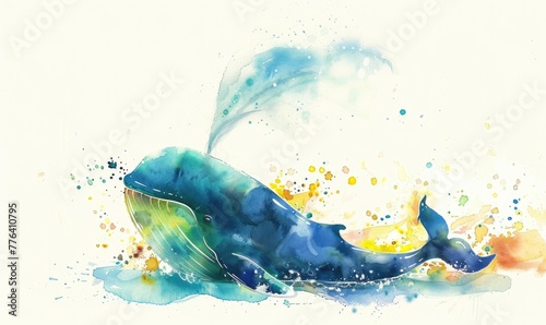 A watercolor illustration of a playful whale spraying water from its blowhole photo