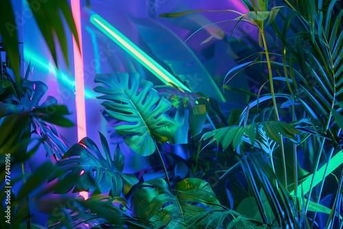 A neon green jungle with a large leafy plant in the foreground. The leaves are illuminated by neon lights  creating a vibrant and lively atmosphere