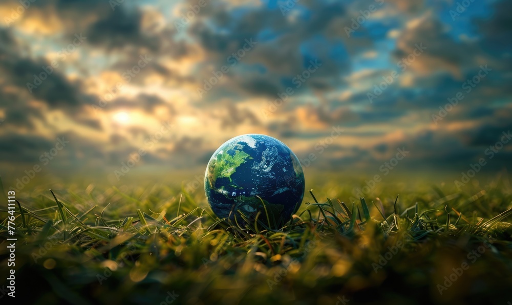 An Earth globe on a grassy meadow with a dramatic cloudy sky as the backdrop
