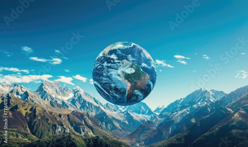 An Earth globe set against a mountain backdrop with a clear blue sky © TheoTheWizard