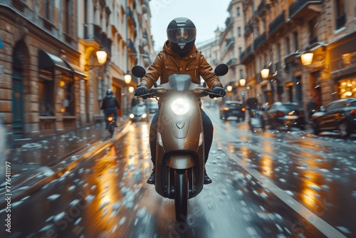 A thrilling shot of a motorcyclist navigating through the rainy streets of a city, with a dynamic and moody atmosphere