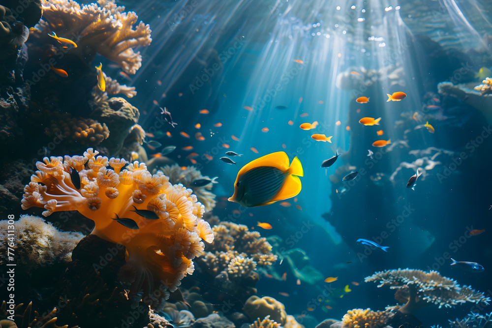 Fototapeta premium A colorful reef with many fish swimming around. The fish are of different colors and sizes, and they are swimming in the water. The reef is surrounded by rocks and coral, creating a beautiful