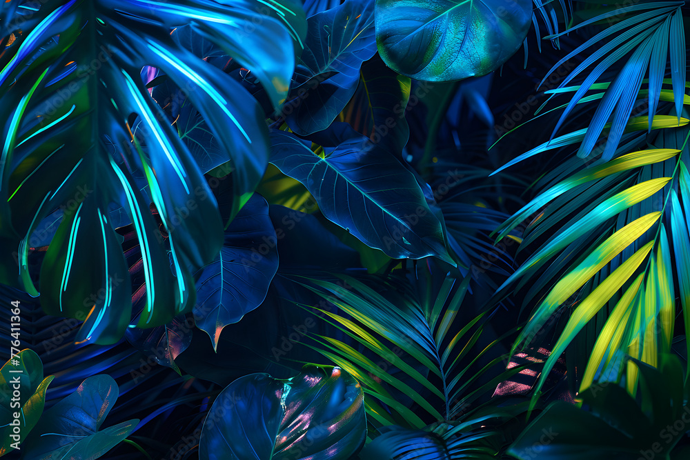 Fototapeta premium A lush green jungle with a blue sky background. The leaves are vibrant and the colors are bright