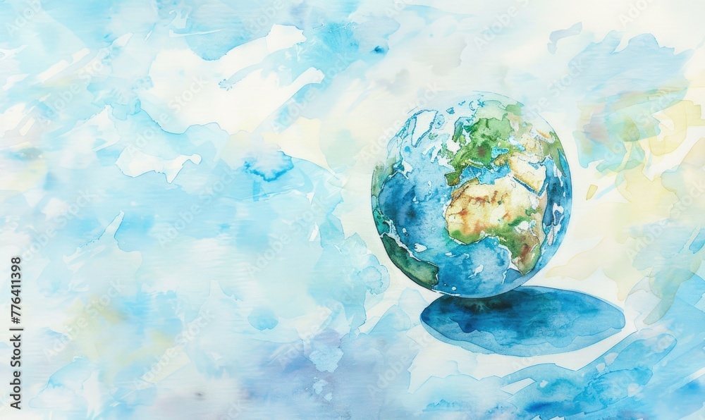 Watercolor illustration of Earth globe suspended in a clear blue sky