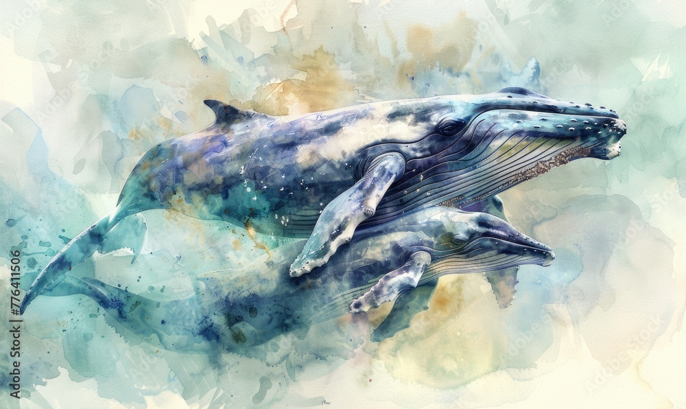 Watercolor illustration of mother whale with her calf in ocean