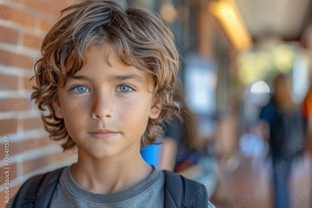 Portrait of a young boy with blue eyes and curly hair, looking directly at the camera outdoors Portrait of a young boy with blue eyes and curly hair, looking directly at the camera outdoors