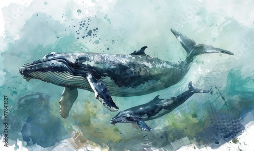 Watercolor illustration of mother whale with her calf in ocean