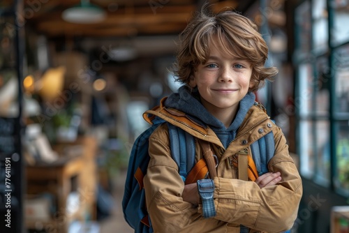 Young boy with curly hair and backpack gives a self-assured smile outside a cafe or shop