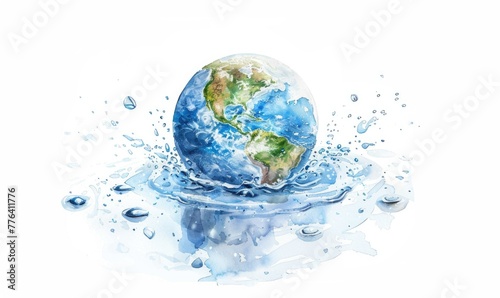 Earth with water droplets on white background