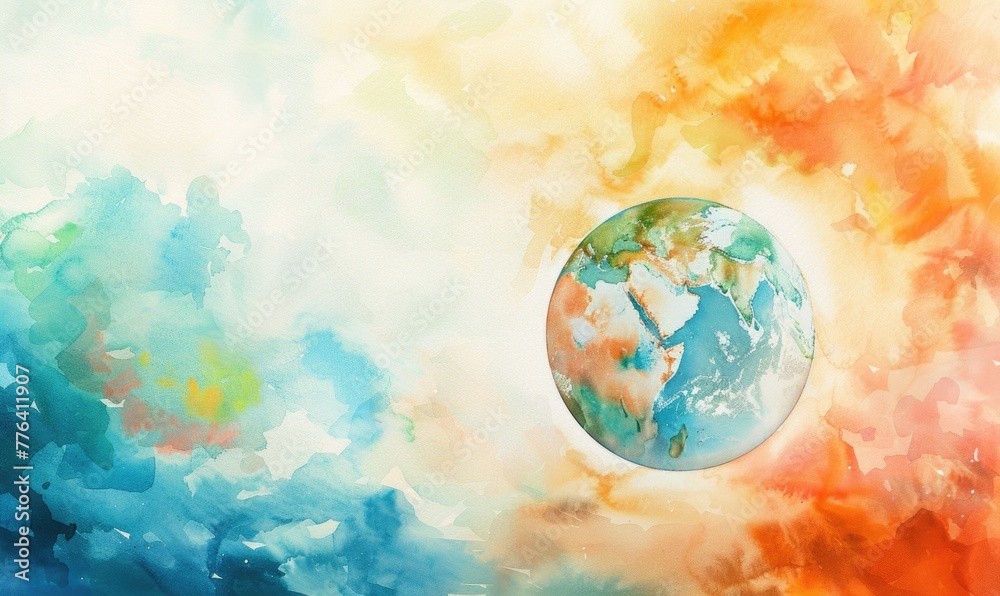 Vibrant watercolor painting of an Earth globe floating in a dreamy sky