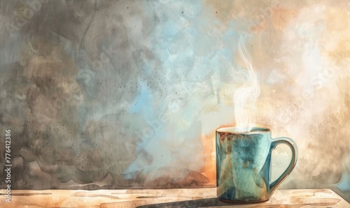 Watercolor painting of a coffee mug with steam rising photo