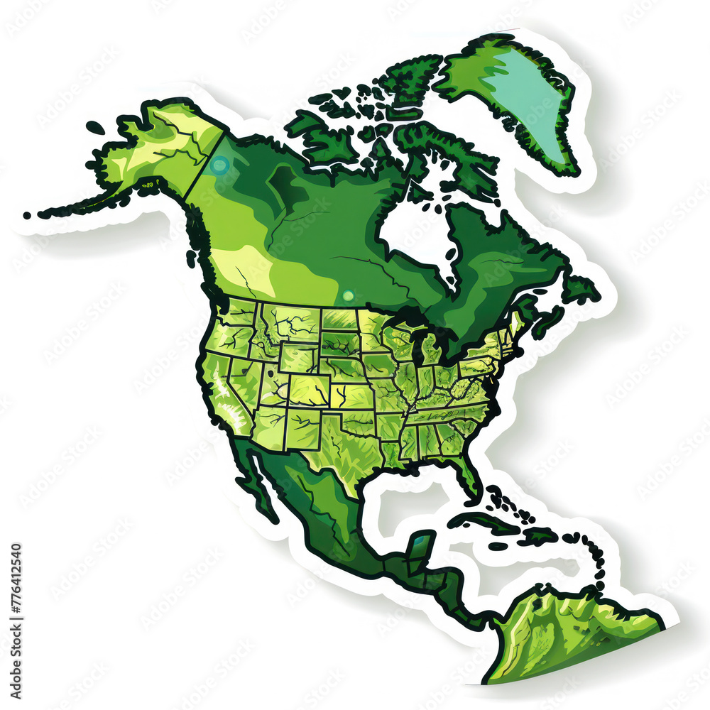 A colorful topographical sticker of North America showcasing diverse terrain and country borders.