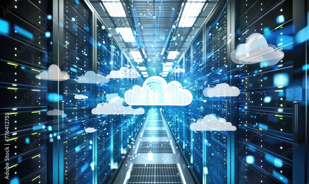 Obraz premium Cloud computing background with server racks and digital data streams