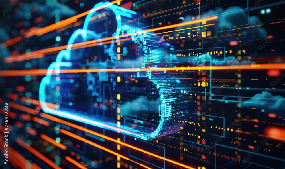 Fototapeta premium Cloud computing background with server racks and digital data streams