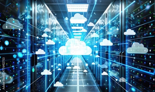 Cloud computing background with server racks and digital data streams