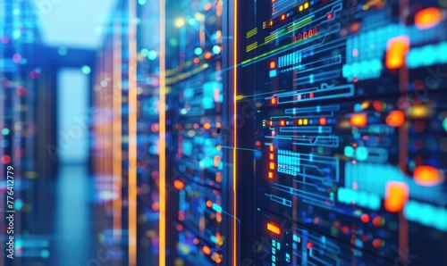 Cloud computing background with server racks and digital data streams photo