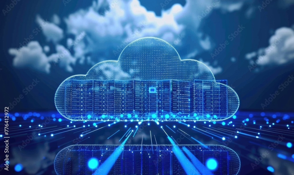 Cloud computing background with server racks and digital data streams Cloud computing background with server racks and digital data streams