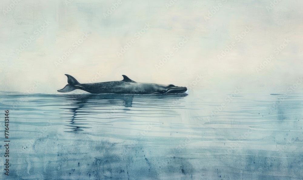 Fototapeta premium A serene watercolor painting featuring a solitary whale gracefully gliding through calm ocean waters