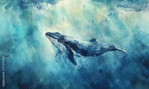 A peaceful watercolor painting of a whale diving into the depths of the ocean photo