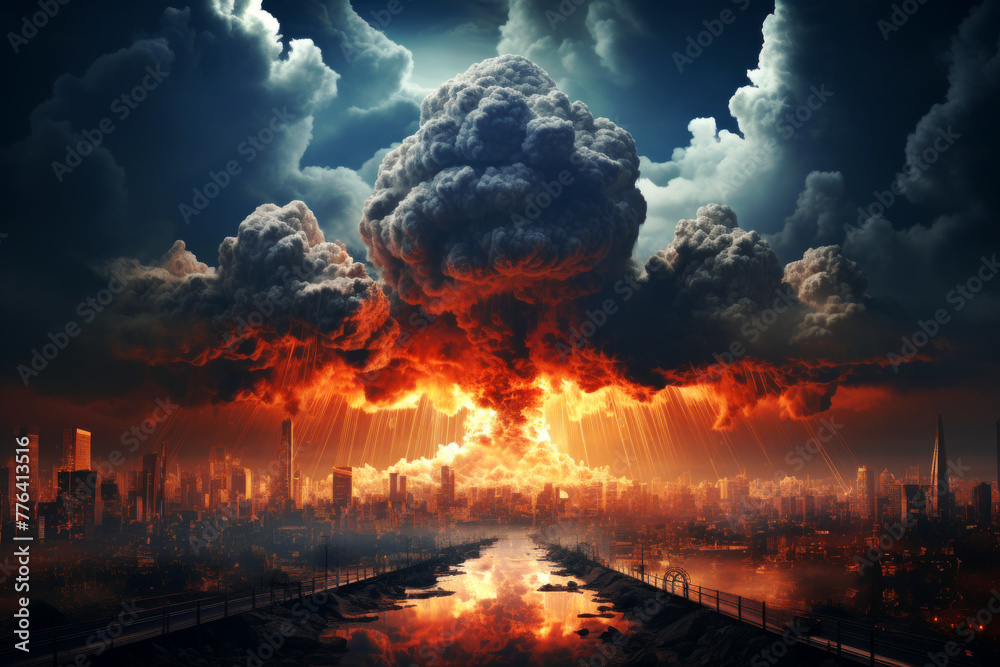 Nuclear explosion with mushroom cloud over urban landscape. Atomic bomb apocalyptic scenario