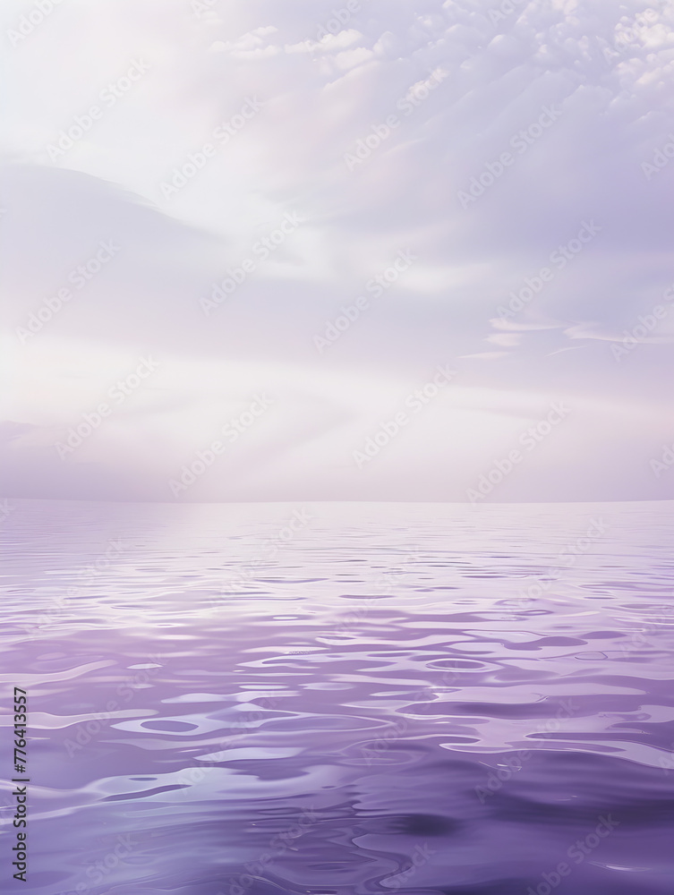 A calm, serene ocean with a cloudy sky in the background. The water is a deep purple color, giving the scene a peaceful and tranquil atmosphere