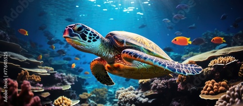 portait turtle with group of colorful fish and colorful coral underwater in ocean