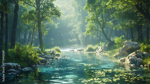 serenity of a tranquil river winding through a forest photo