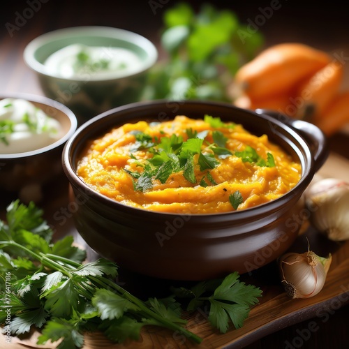 zenithal photografic of creamy carrot and coriander UHD Wallpaper photo