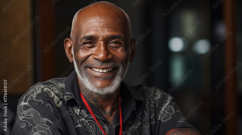 Obraz premium adult, old African American man with gray hair and tattoo smiling. drawing on the skin. average age. self-expression
