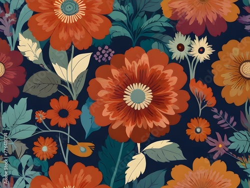 Seamless  retro floral pattern with 70s-inspired colors and oversized blooms  generative AI