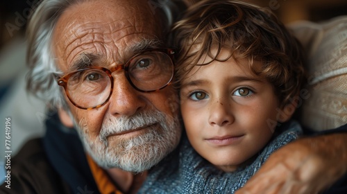 An elderly man with glasses is smiling while hugging a young boy