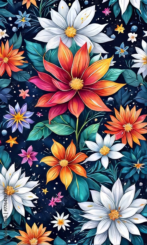 Striking, colorful flower painting with intricate details, vivid hues, beautifully contrasted against dark, black background. For interior design, textiles, clothing, gift wrapping, web design, print. Striking, colorful flower painting with intricate details, vivid hues, beautifully contrasted against dark, black background. For interior design, textiles, clothing, gift wrapping, web design, print.