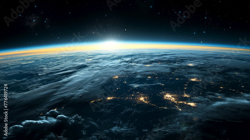 A view of Earth from space, showcasing our planet’s illuminated cities and vast oceans against backdrop of star-studded cosmos, atmosphere glows with ethereal radiance, stars twinkle in dark expanse photo