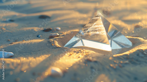 Gleaming Crystal Pyramid on Sandy Beach at Sunset
