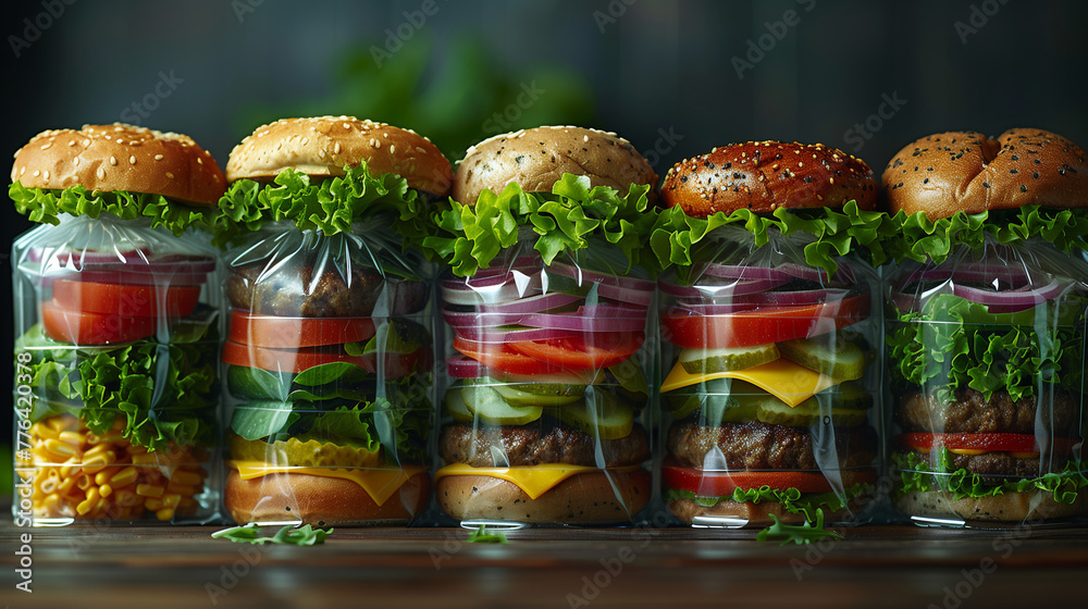 A row of sandwiches are displayed in clear containers