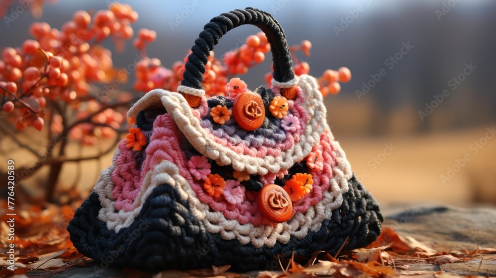 Obraz premium Wool crochet tote bag black wool bag hills sun UHD Wallpaper