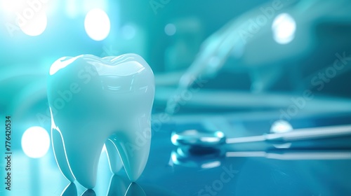 various dentist tools for dental care and white healthy tooth on a blue background. Dental background with copy space. prosthetics