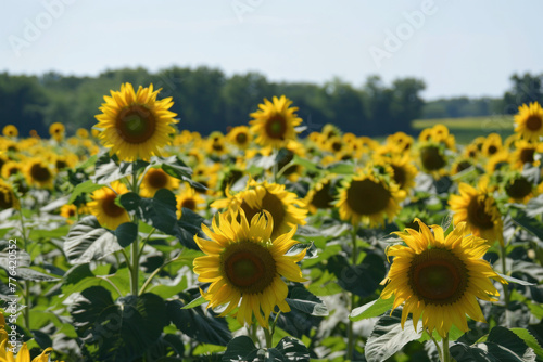A vibrant field of sunflowers under a clear blue sky  with blooms facing the sun.