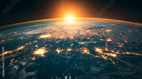 A breathtaking view of Earth from space, planet is bathed in golden hues of sun, casting glow across its surface and atmosphere, ionosphere, exosphere, stratosphere. A Day of Human Space Flight photo