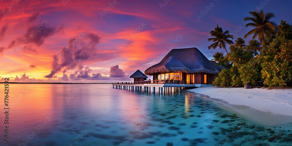 Luxury villa on the beach at sunset. 3d rendering